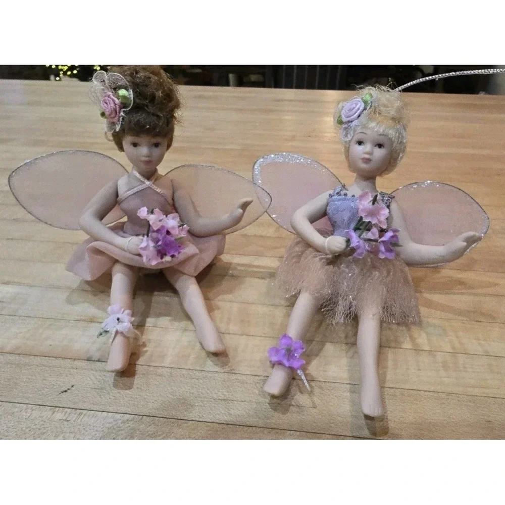 Lot Of 6 Set of 2 Porcelain Fairy VTG, 2 Glitter Ballerina, 2 Feather Ornaments‎
